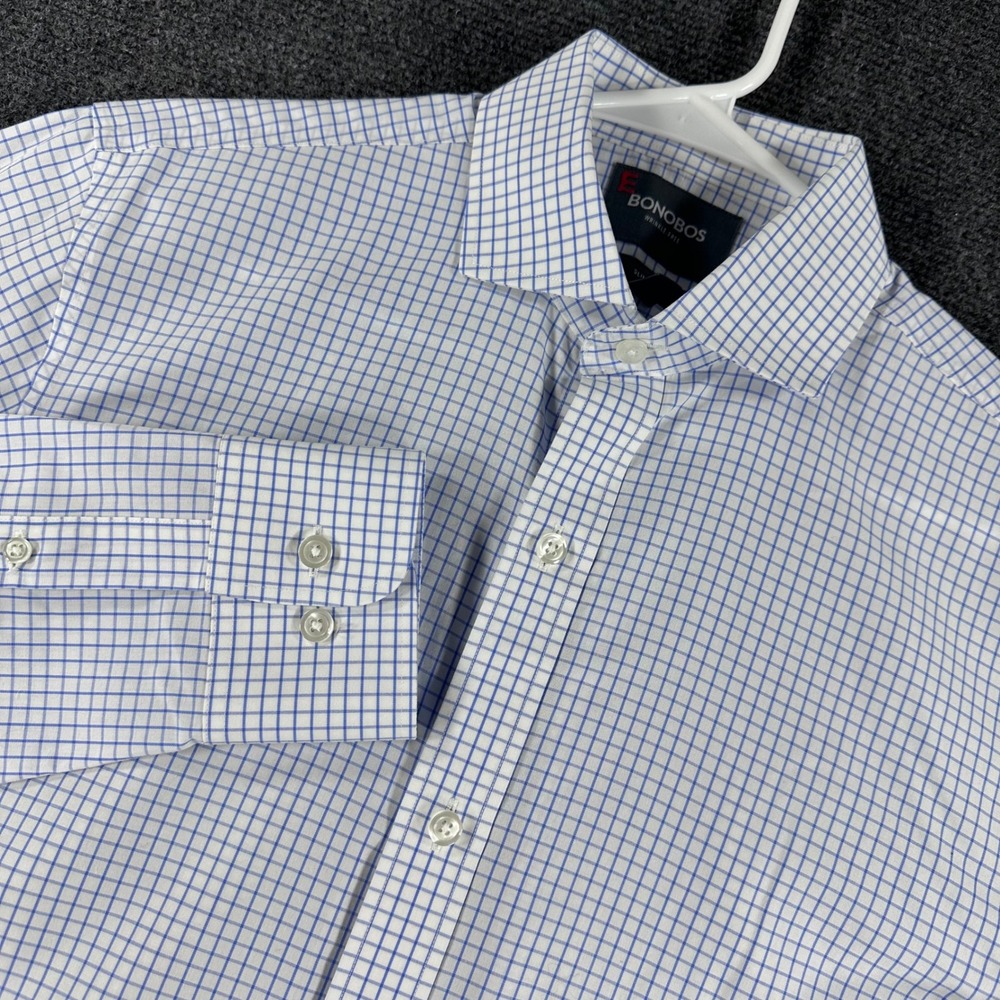 Bonobos Dress Shirt Mens 15 35 Blue White Windowpane Slim Wrinkle Free Cotton